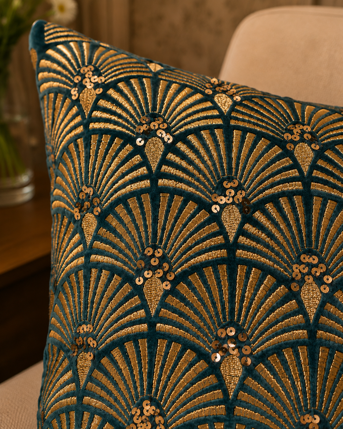 Close-up of Art Deco sequin cushion embroidery detail