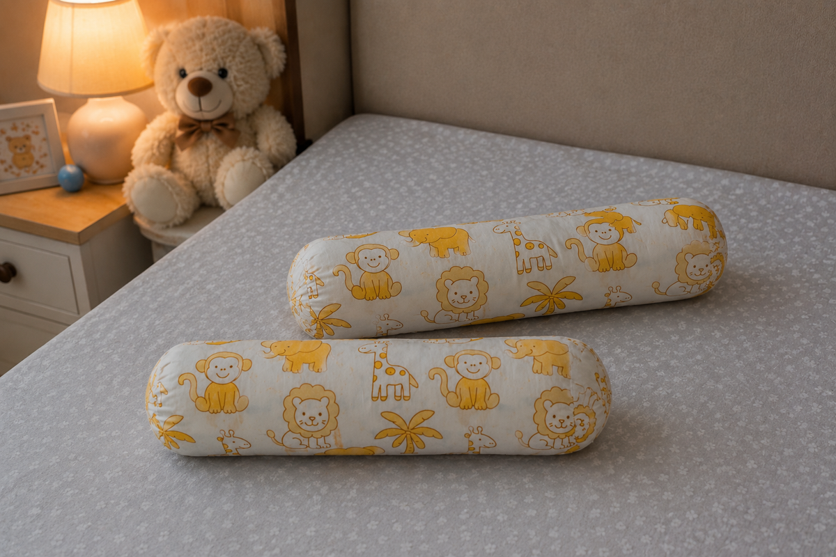 Little Safari Baby Bolsters set of 2 showing full golden yellow safari animal print on white cotton