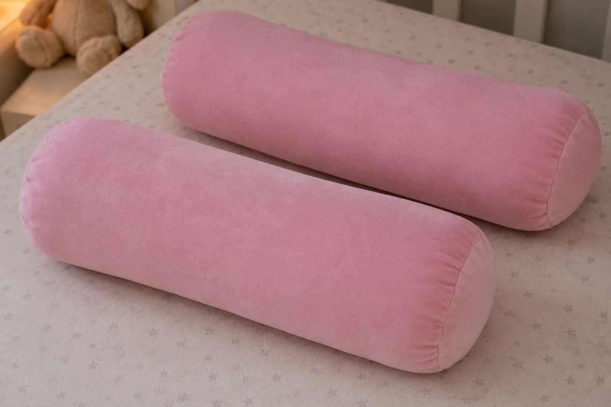 Blush Dream Baby Bolsters set of 2 in plain blush pink velvet on nursery mattress