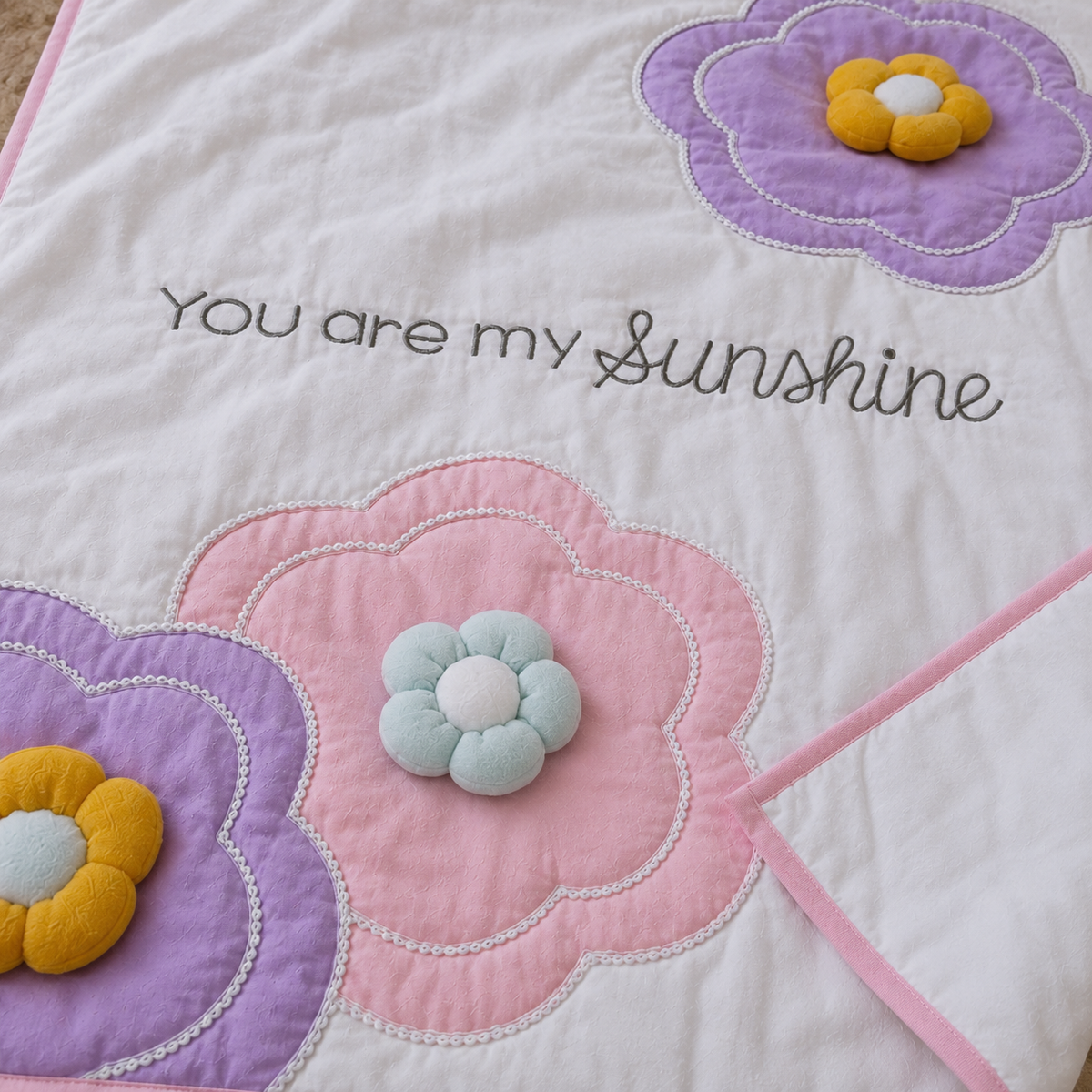 Close up of You Are My Sunshine Baby Blanket showing 3D puffed lavender and pink flowers with yellow and mint rosette centres