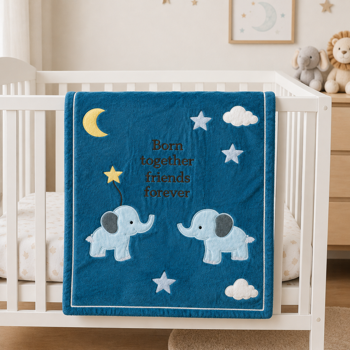 Born Together Friends Forever Twin Baby Blanket displayed over white crib rail showing full design with elephants stars moon and clouds