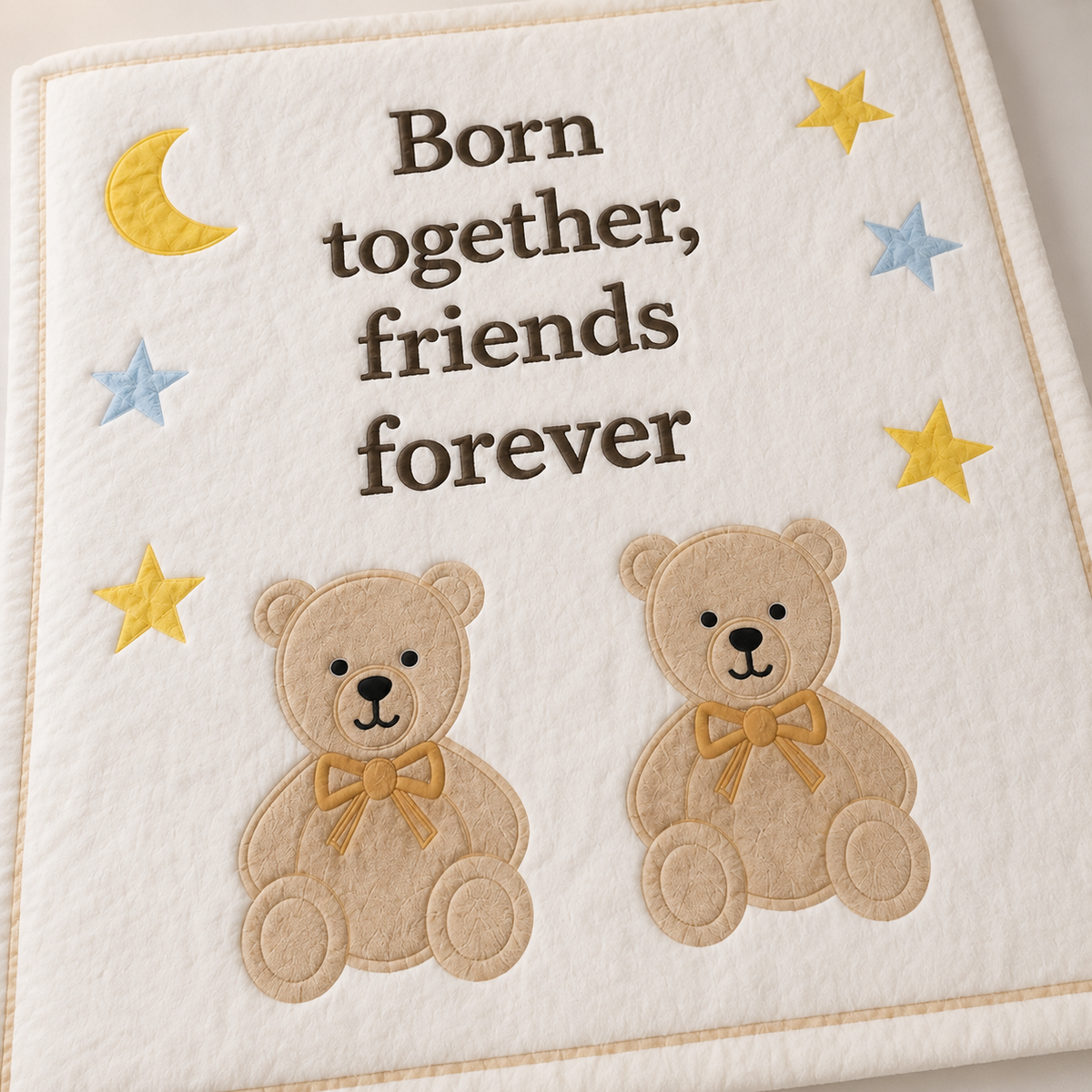 Close up of Born Together Friends Forever Teddy Bear Twin Baby Blanket showing detailed teddy bear appliques with golden bow ties and embroidered text on ivory quilted fabric