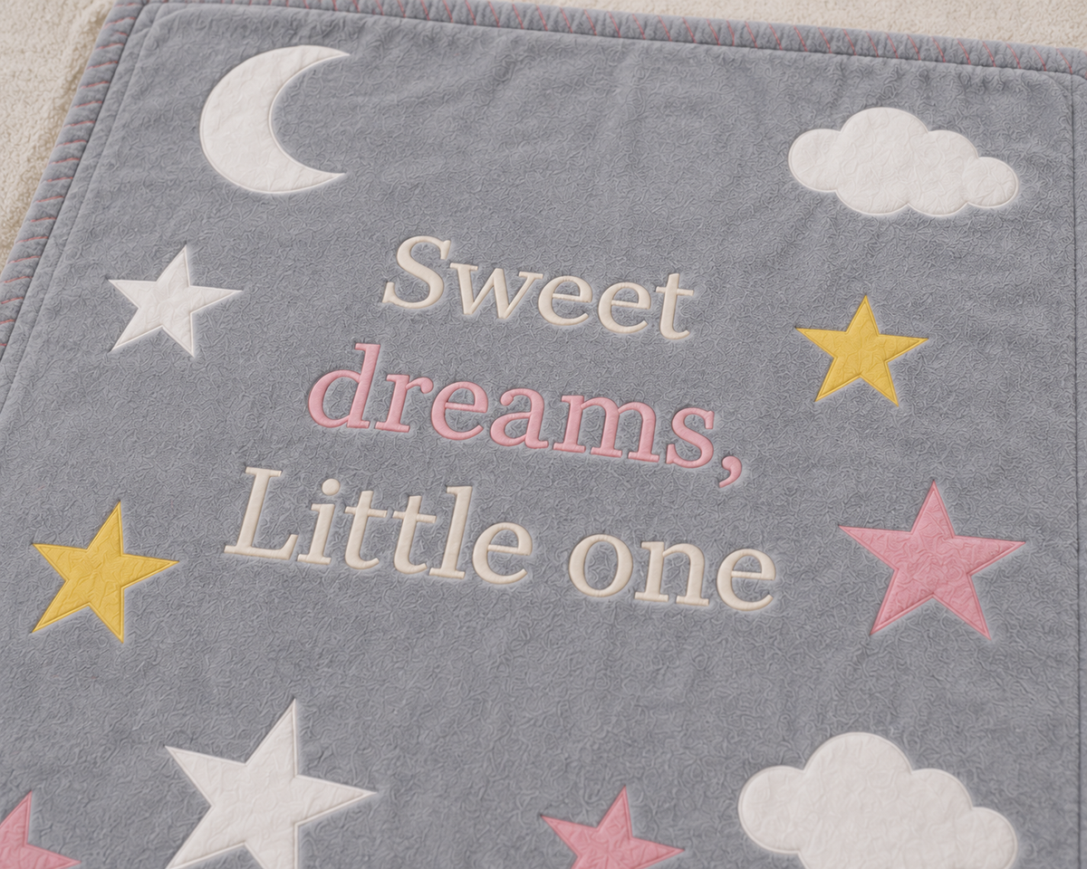 Close up of Sweet Dreams Little One Baby Blanket showing embroidered Sweet dreams Little one text with pink yellow and white star and cloud appliques on grey velvet