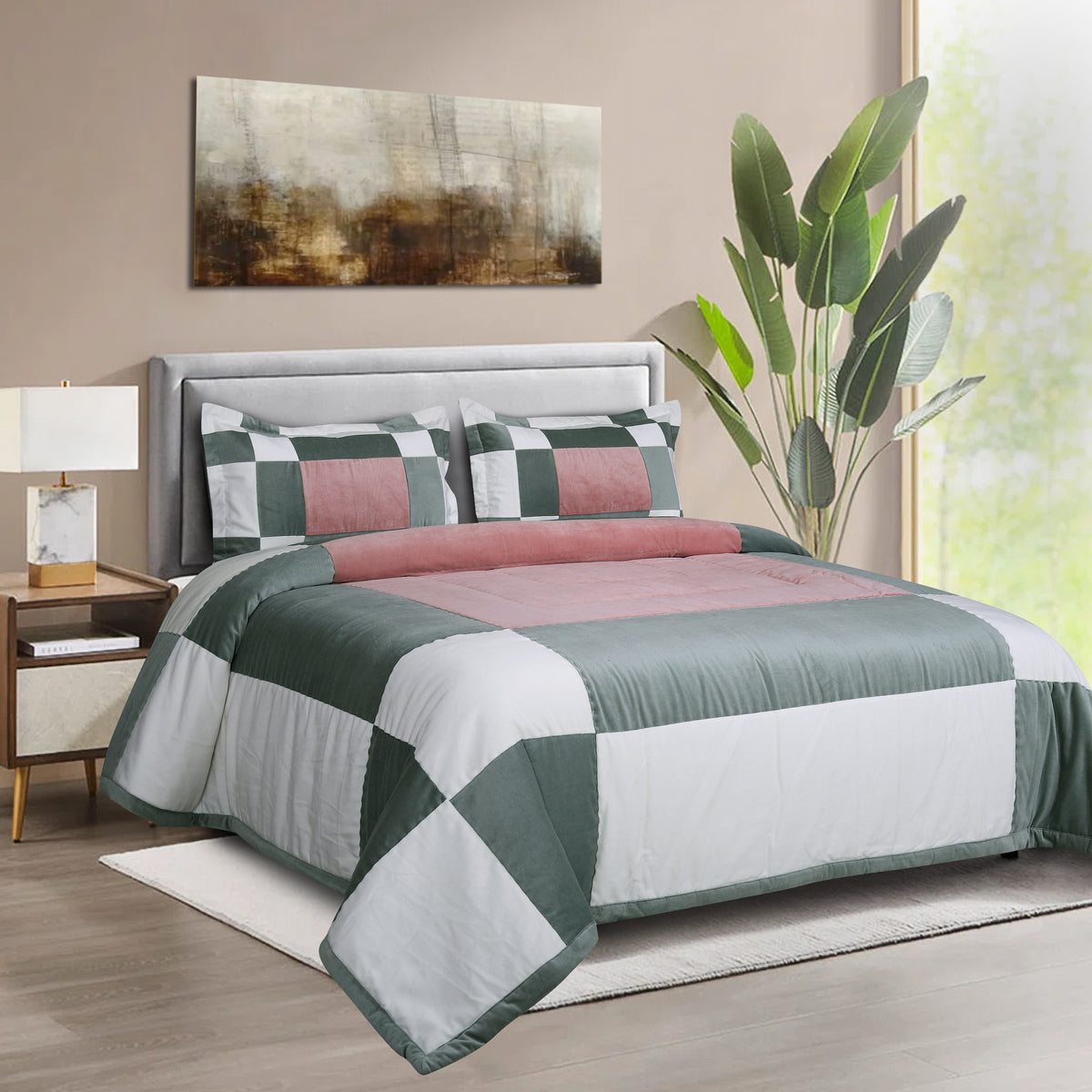 Pink Sage Harmony Quilt Set full bed view in a modern bedroom setting