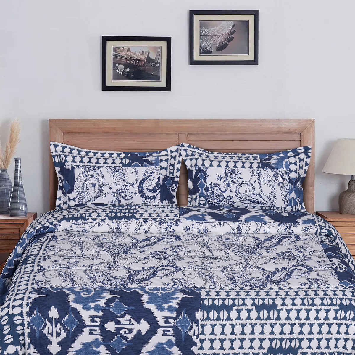 Boho Paisley Quilt Set close-up showing indigo and white paisley, ikat and tribal patchwork panels
