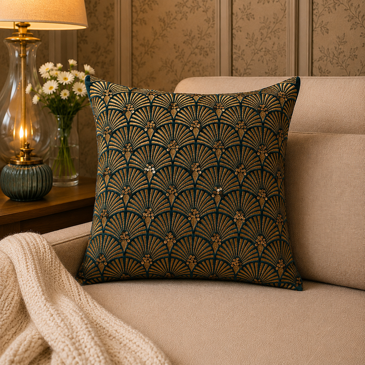 Art Deco embroidered sequin cushion on sofa