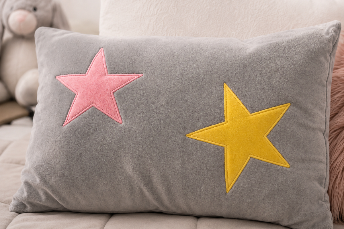 Starshine Baby Pillow in grey velvet with pink and yellow star appliqués