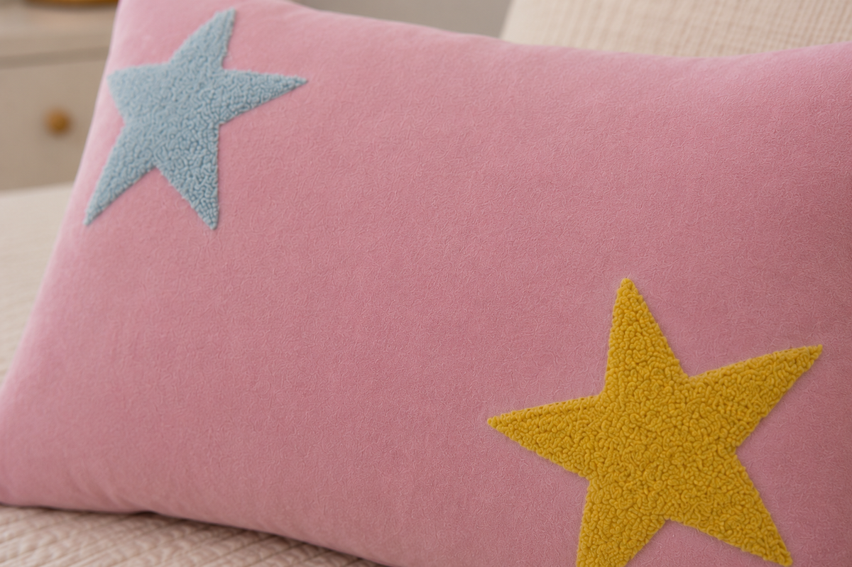 Shooting Stars Baby Pillow close up showing tufted star appliqué texture in blue and yellow