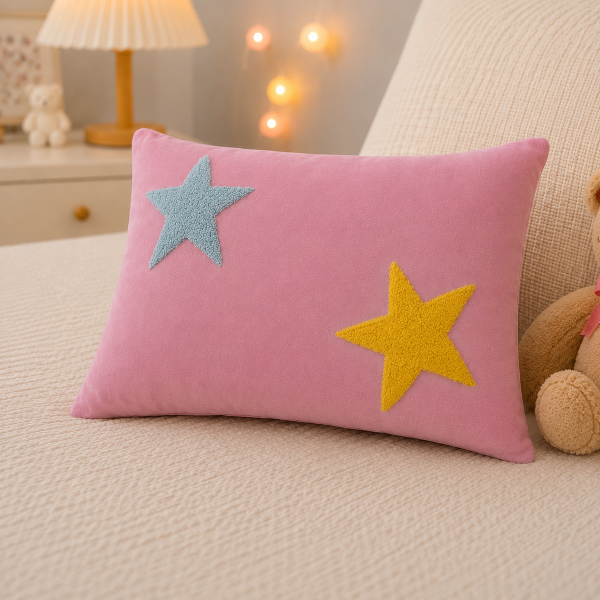 Shooting Stars Baby Pillow in blush pink velvet with sky blue and mustard yellow tufted star appliqués