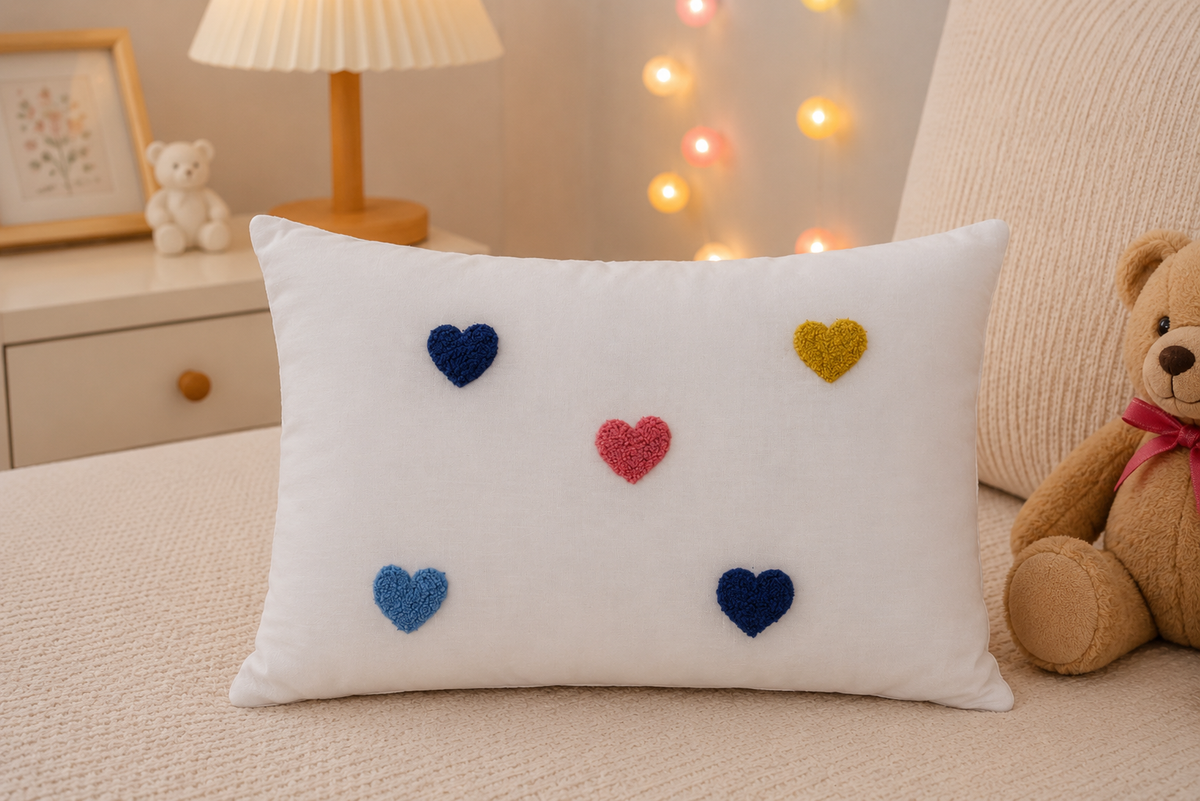 Lots of Love Baby Pillow in white velvet with 3D tufted heart appliqués in navy blue sky blue pink and mustard yellow