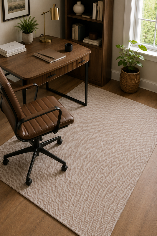 Soft Sand Herringbone Rug styled in a warm home office with a wooden desk and leather chair