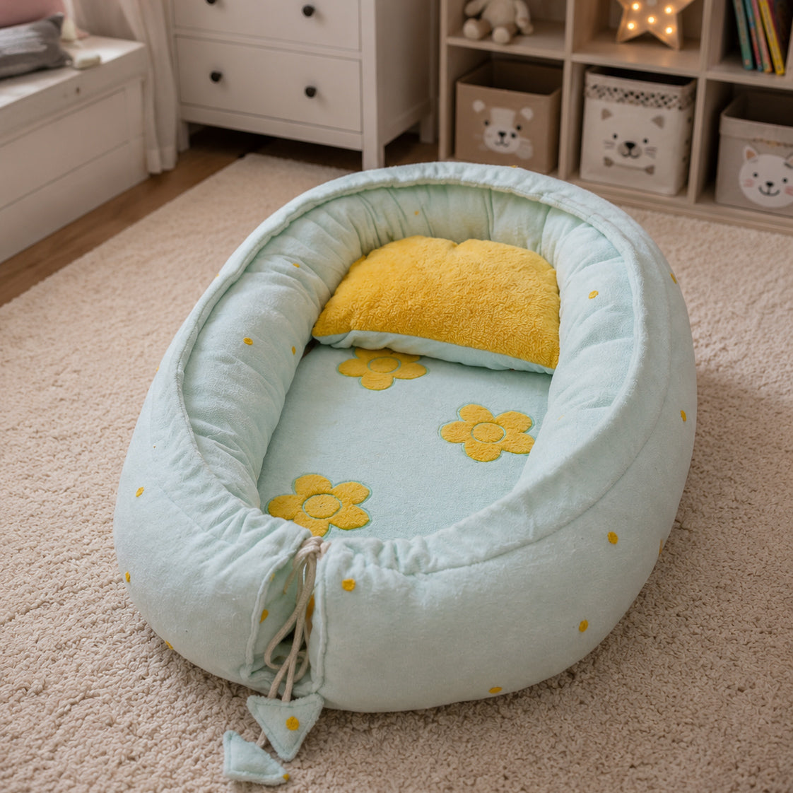 Daisy Meadow Baby Nest in mint green with yellow daisy appliqués - product view