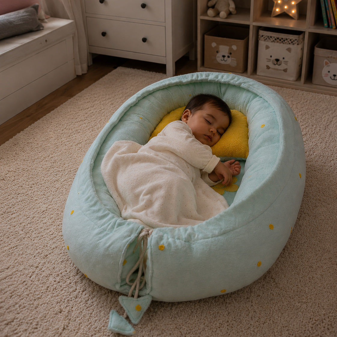 Daisy Meadow Baby Nest lifestyle shot with sleeping baby
