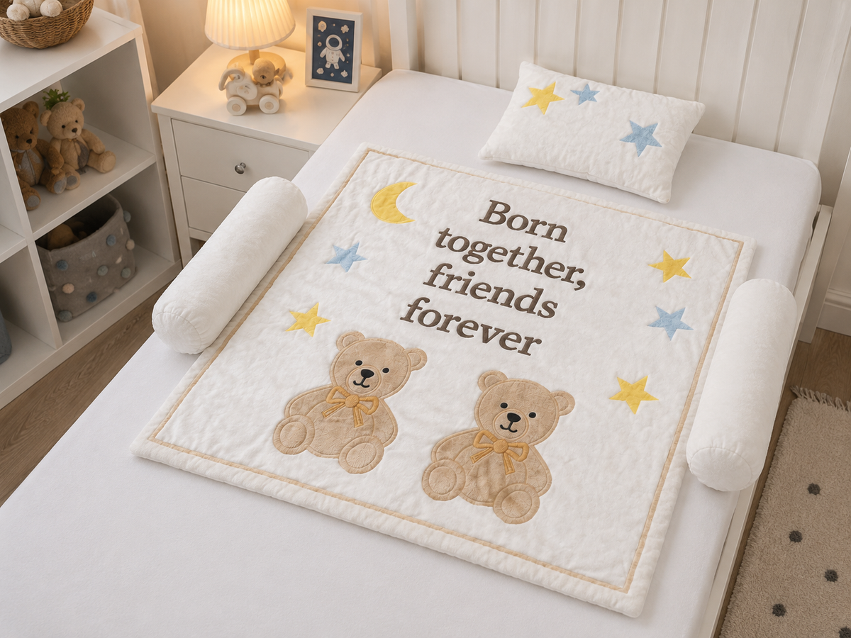 Born Together Teddy Bear Baby Quilt Set with two teddy bear appliqués and star print pillow