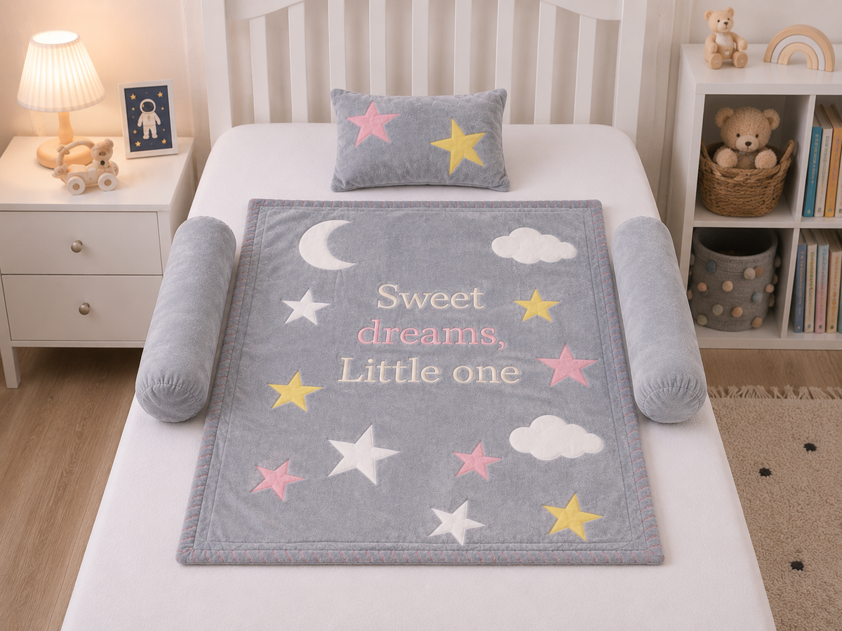 Sweet Dreams Little One Baby Quilt Set in soft grey velvet with star and moon appliqués