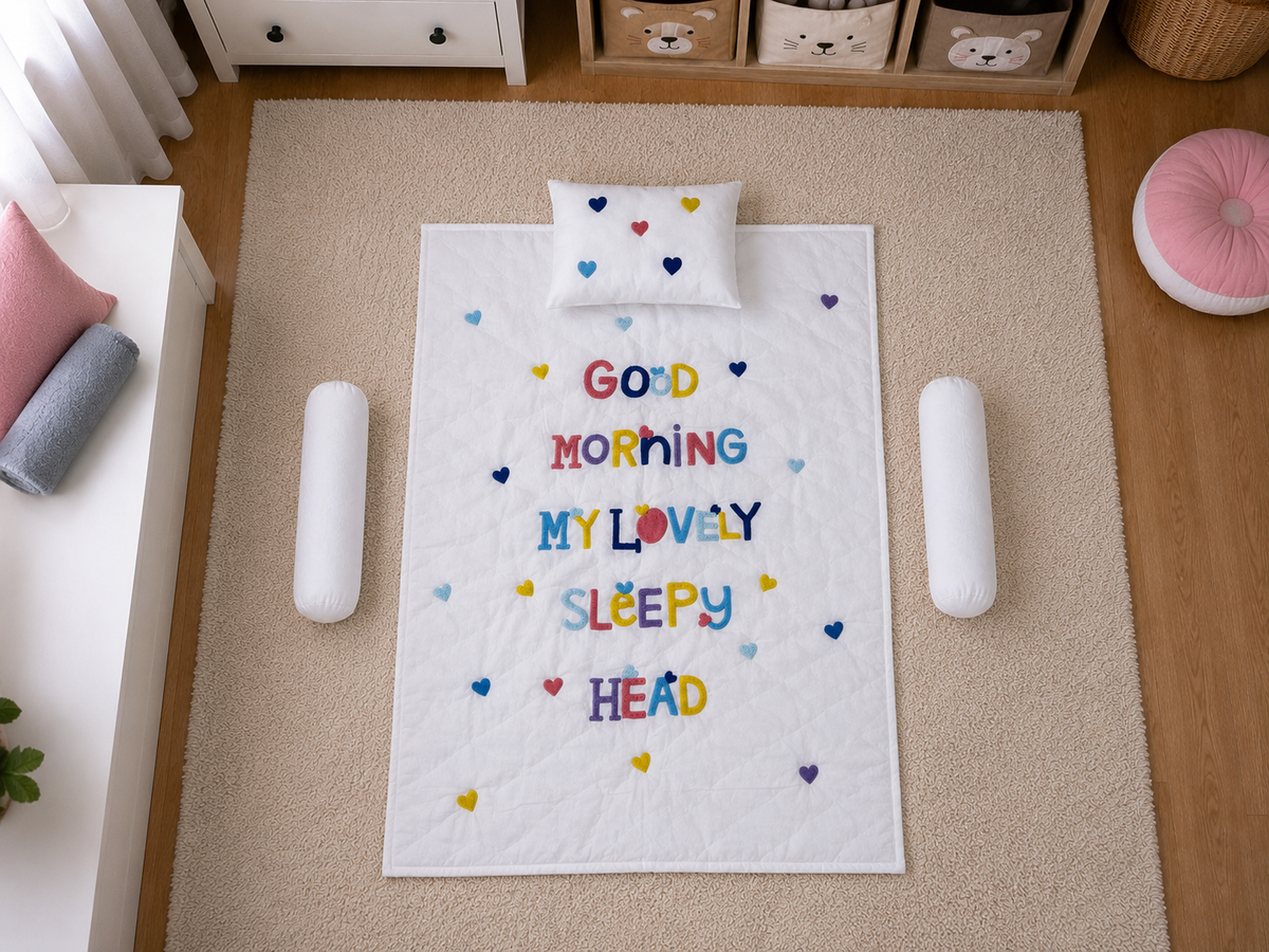 Good Morning Sleepy Head Baby Quilt Set with multicolour embroidered text and heart appliqués