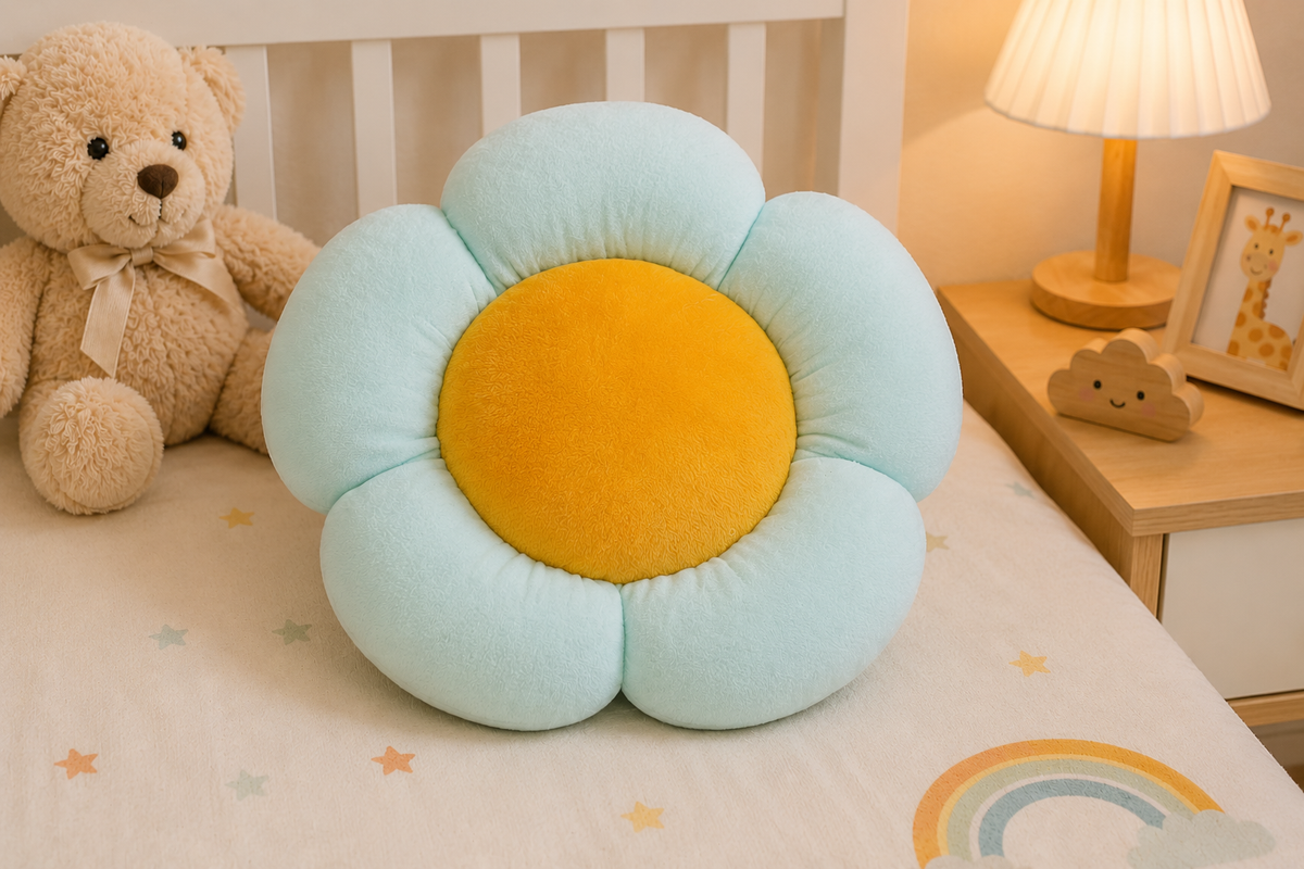 Daisy Dream flower shaped cushion in mint blue with golden yellow centre