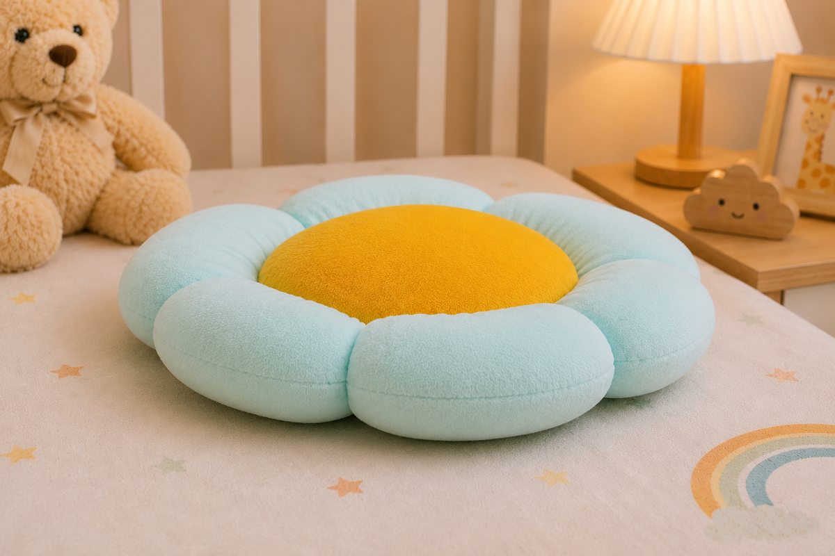 Daisy Dream flower cushion side view showing plush mint blue petals and yellow centre