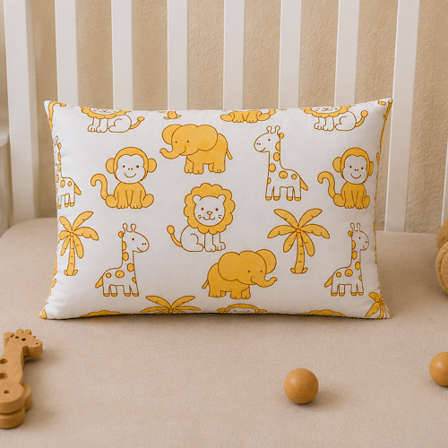 Little Safari Baby Pillow in white with golden yellow safari animal print